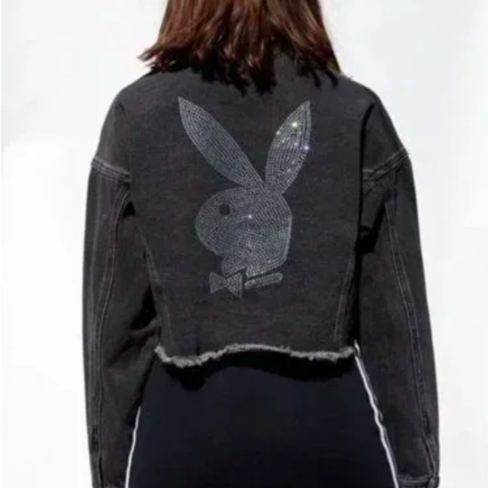PLAYBOY denim cropped sleaze jean Jacket with Sparkling Logo. Grunge jacket